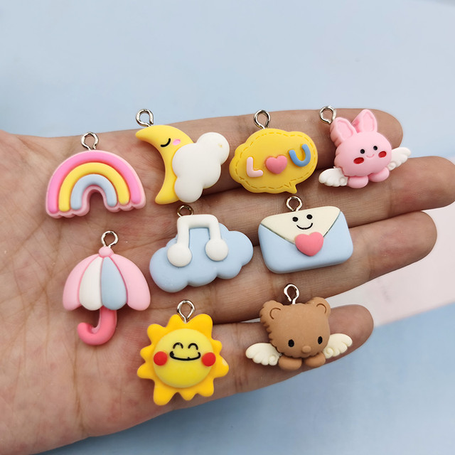 10Pcs Funny Rainbow Moon Cloud Sun Charms Kawaii Resin Cute Bear Rabbit  Flatback Pendant Charm for